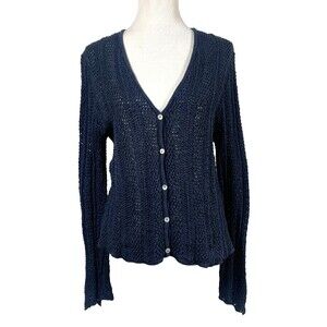 Sundance Cardigan Sweater Womens Large Navy Blue Crochet Open Knit Boho Western